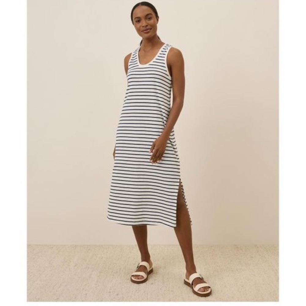 Pact organic cotton white/navy stripe softspun casual nautical tank midi dress
